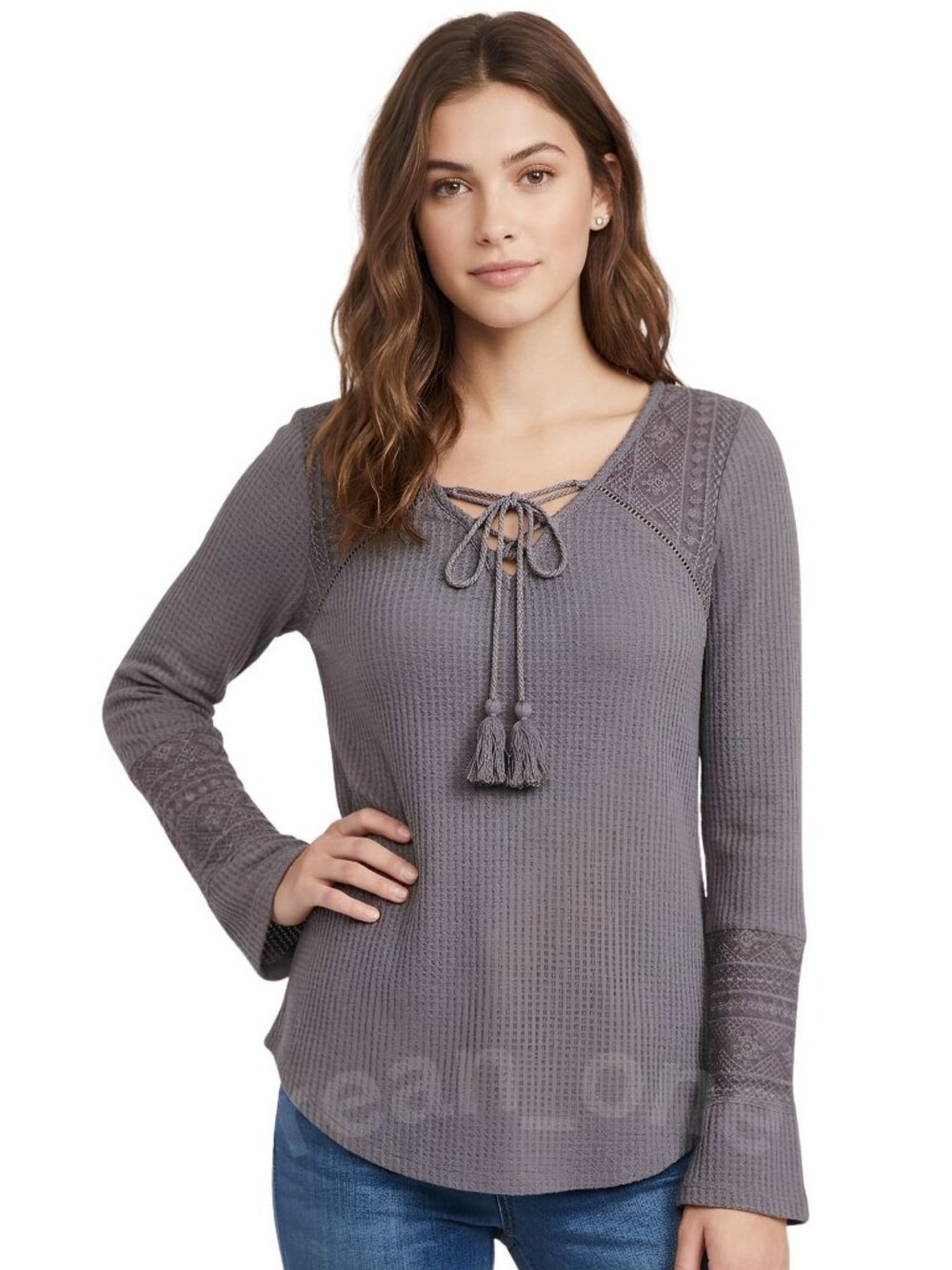 Vanity Gray Embroidered Tassel Lace-Up Tie-Front Waffle Knit Tunic Size Medium